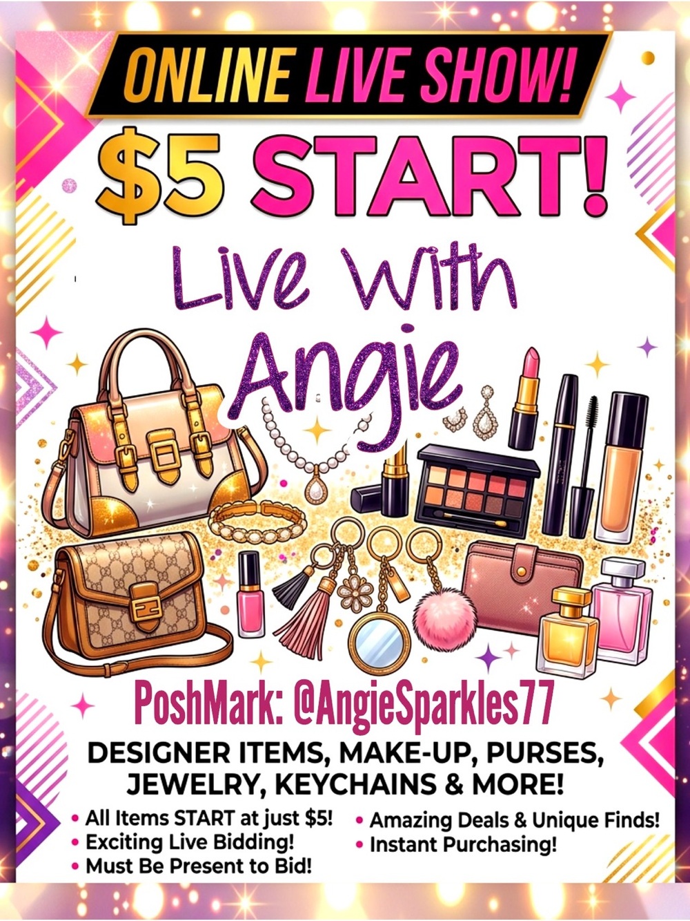 Live With Angie Event Poster - Pink & Gold Promotional Graphic